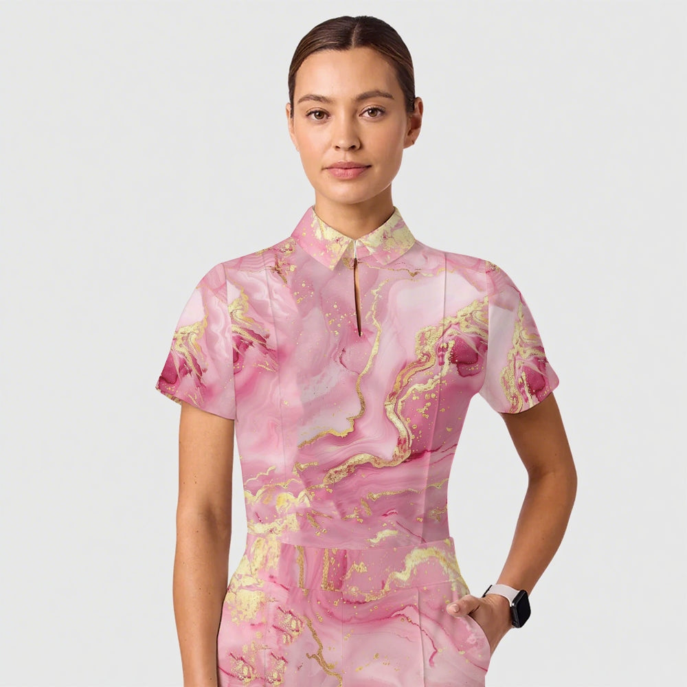 Women's Casual Shirt Collar Marble Printed Scrub Set ST9127