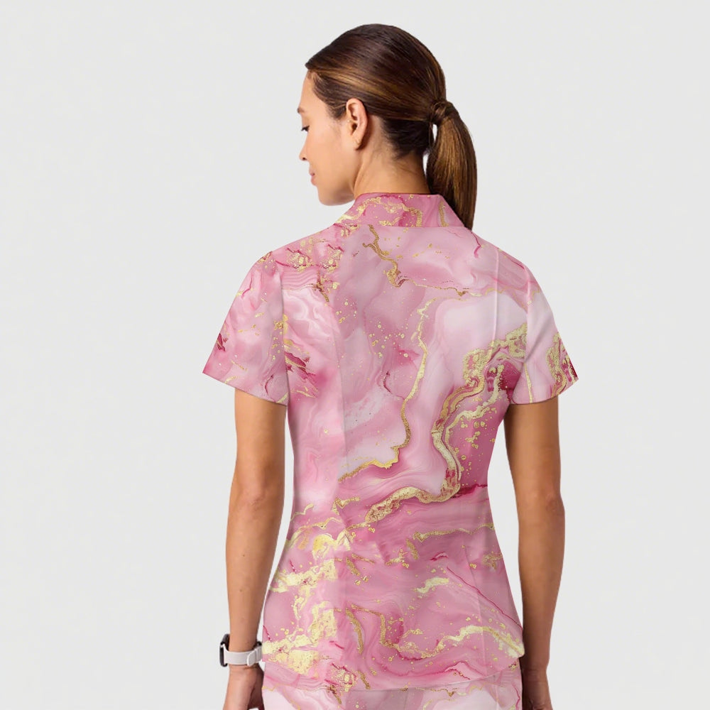 Women's Casual Shirt Collar Marble Printed Scrub Set ST9127