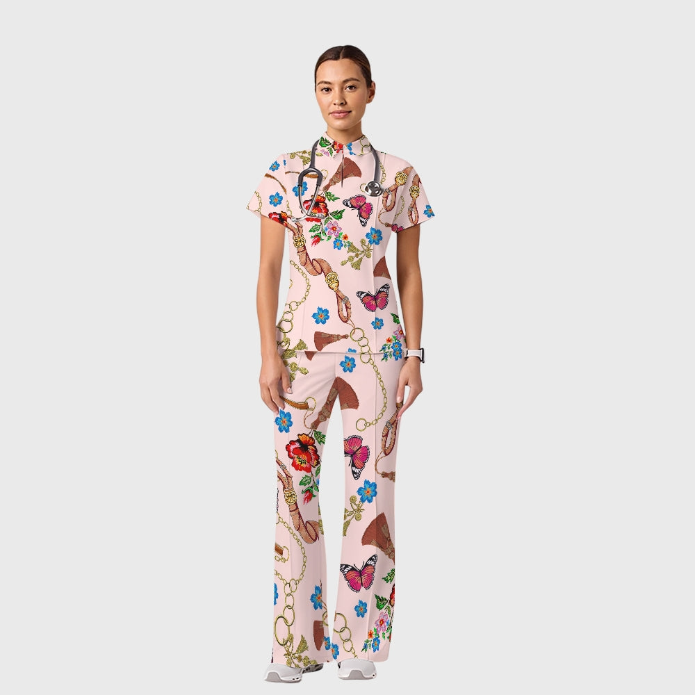 Women's Casual Shirt Collar Metal Chain Printed Scrub Set ST9128