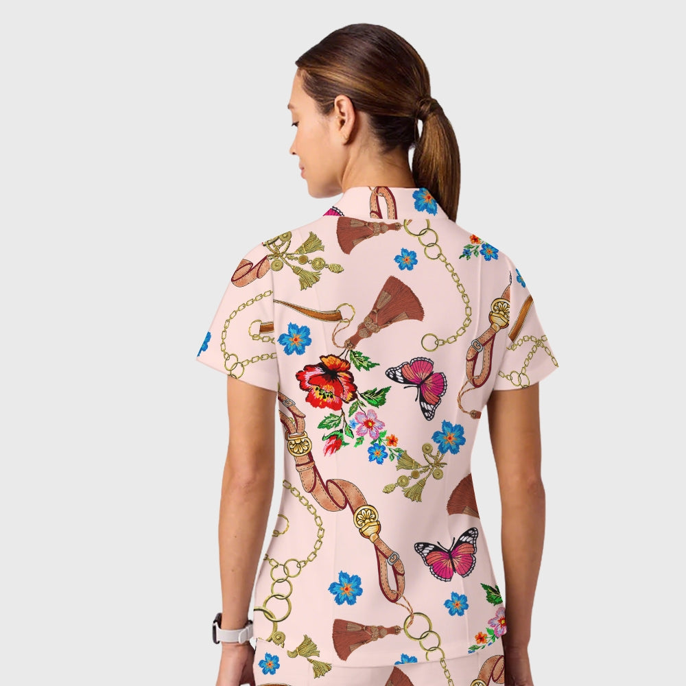 Women's Casual Shirt Collar Metal Chain Printed Scrub Set ST9128