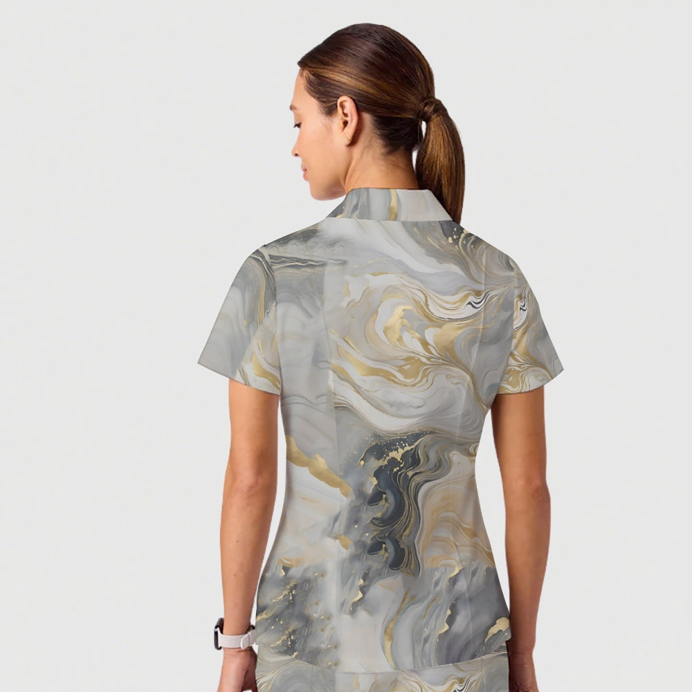 Women's Casual Shirt Collar Marble Printed Scrub Set ST9129