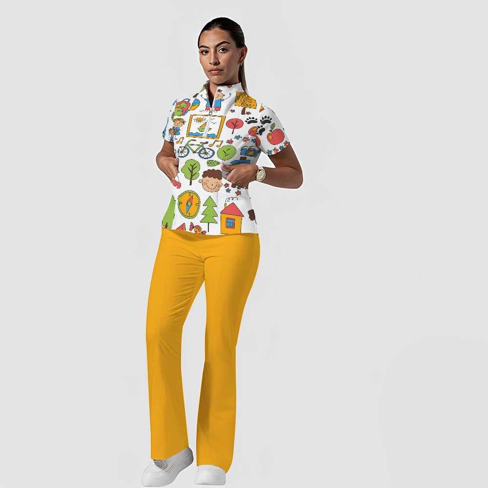 Women's Stand-Up Tie Zipper Cartoon Printed Scrub Set ST9109