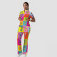 Women's Stand-Up Tie Zipper Cartoon Printed Scrub Set ST91011