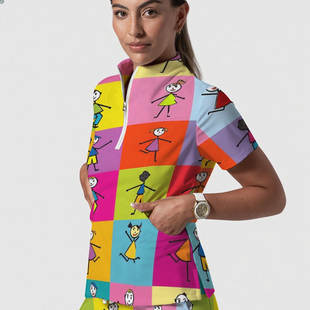Women's Stand-Up Tie Zipper Cartoon Printed Scrub Set ST91011