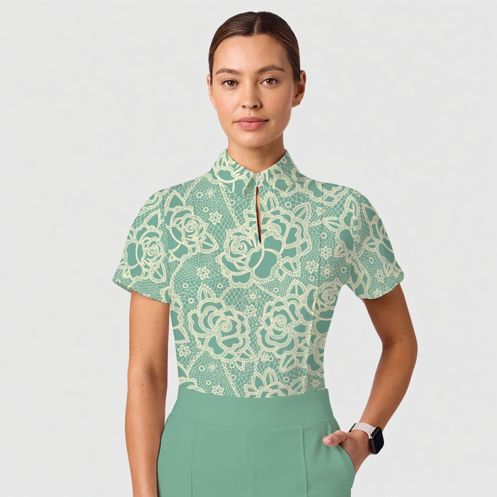 Women's Casual Shirt Collar Flower Printed Scrub Set ST91210