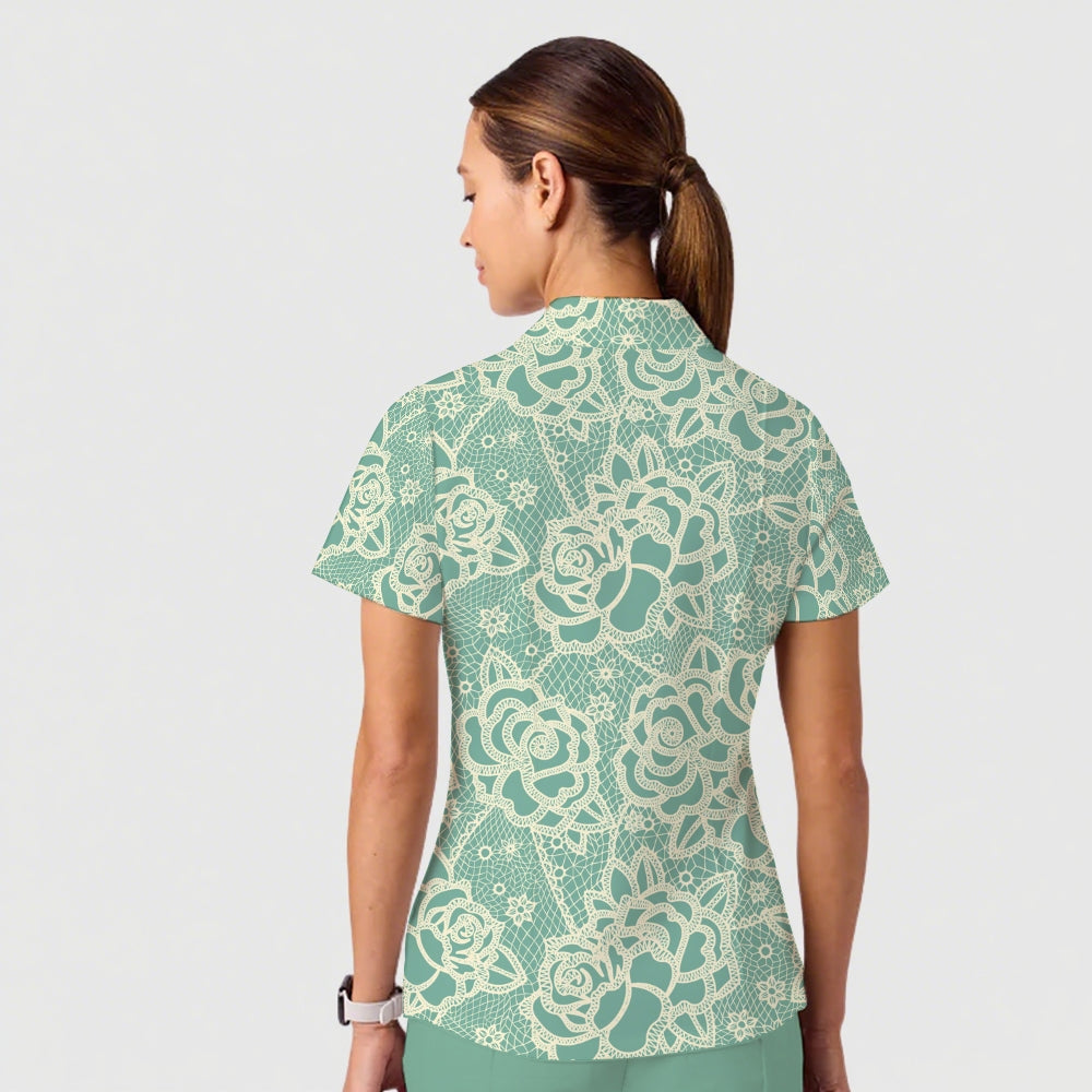 Women's Casual Shirt Collar Flower Printed Scrub Set ST91210