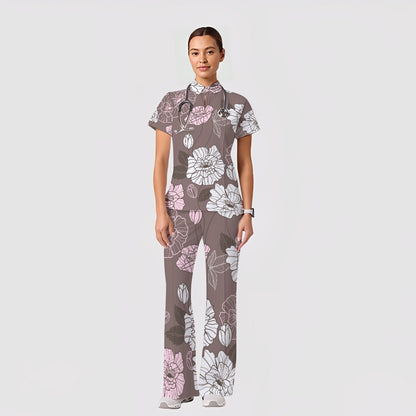 Women's Casual Shirt Collar Flower Printed Scrub Set ST91211