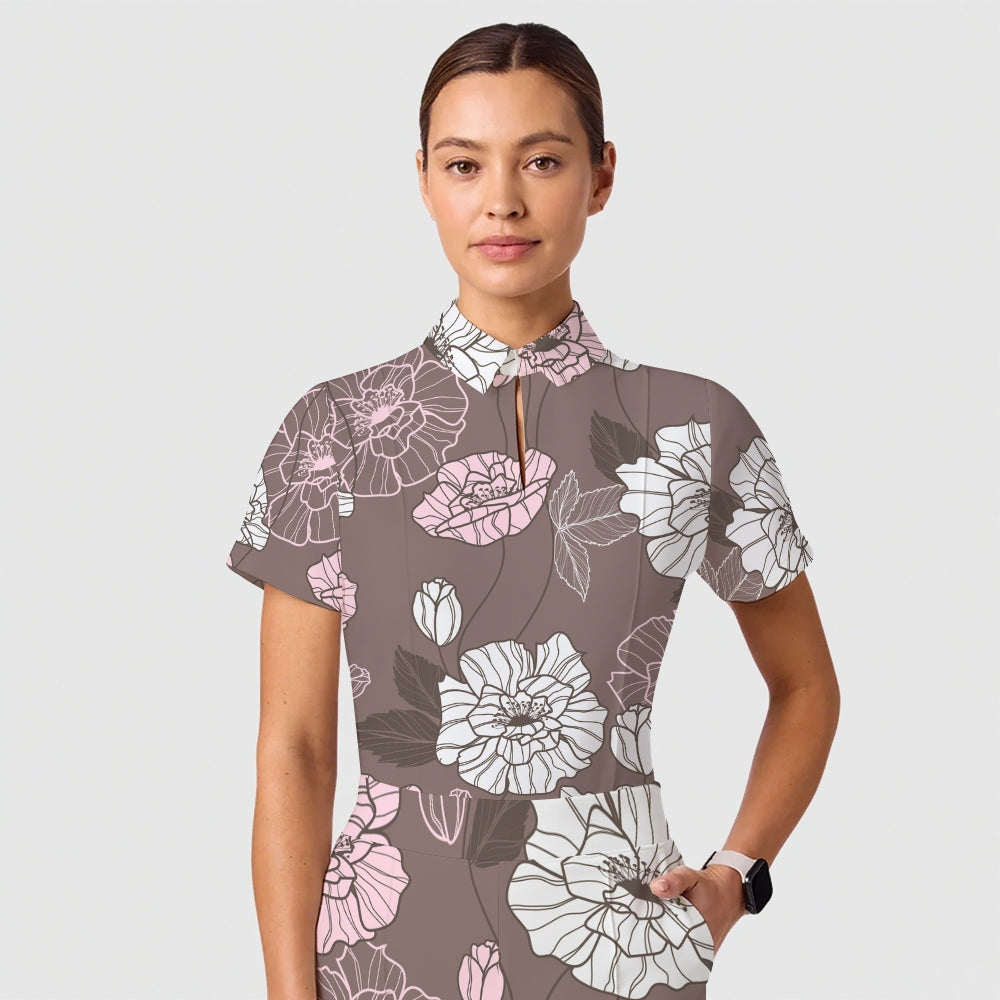 Women's Casual Shirt Collar Flower Printed Scrub Set ST91211