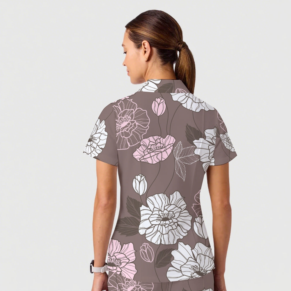 Women's Casual Shirt Collar Flower Printed Scrub Set ST91211