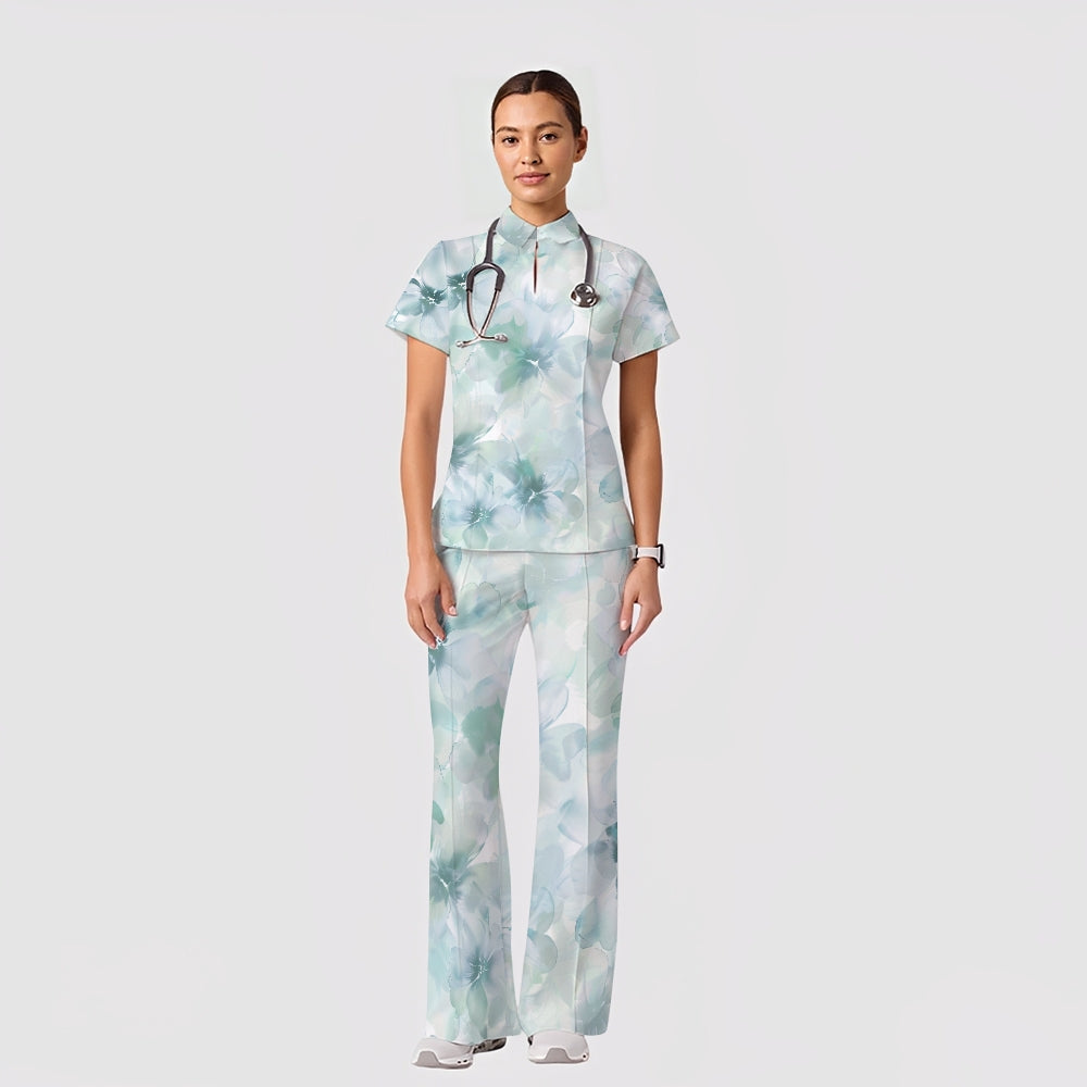 Women's Casual Shirt Collar Flower Printed Scrub Set ST91212