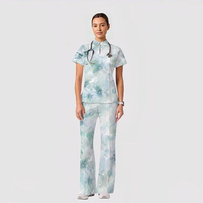 Women's Casual Shirt Collar Flower Printed Scrub Set ST91212