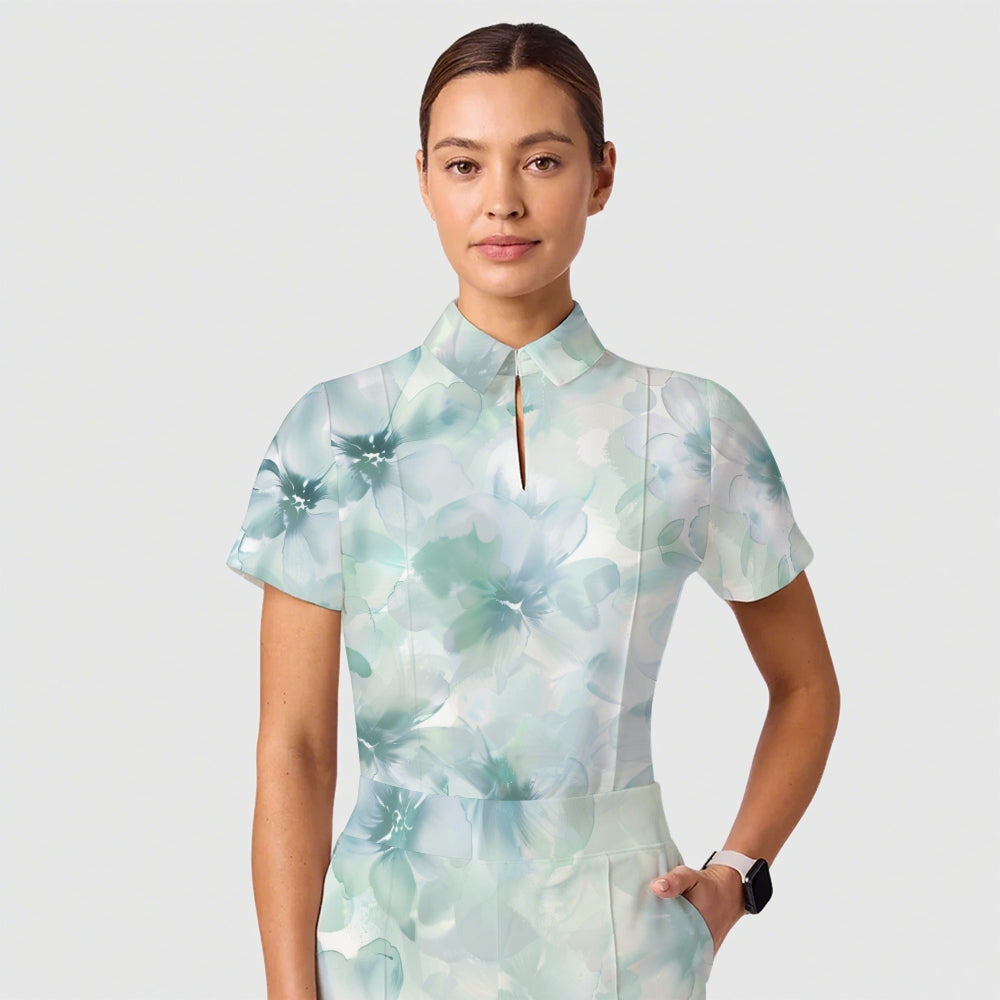 Women's Casual Shirt Collar Flower Printed Scrub Set ST91212