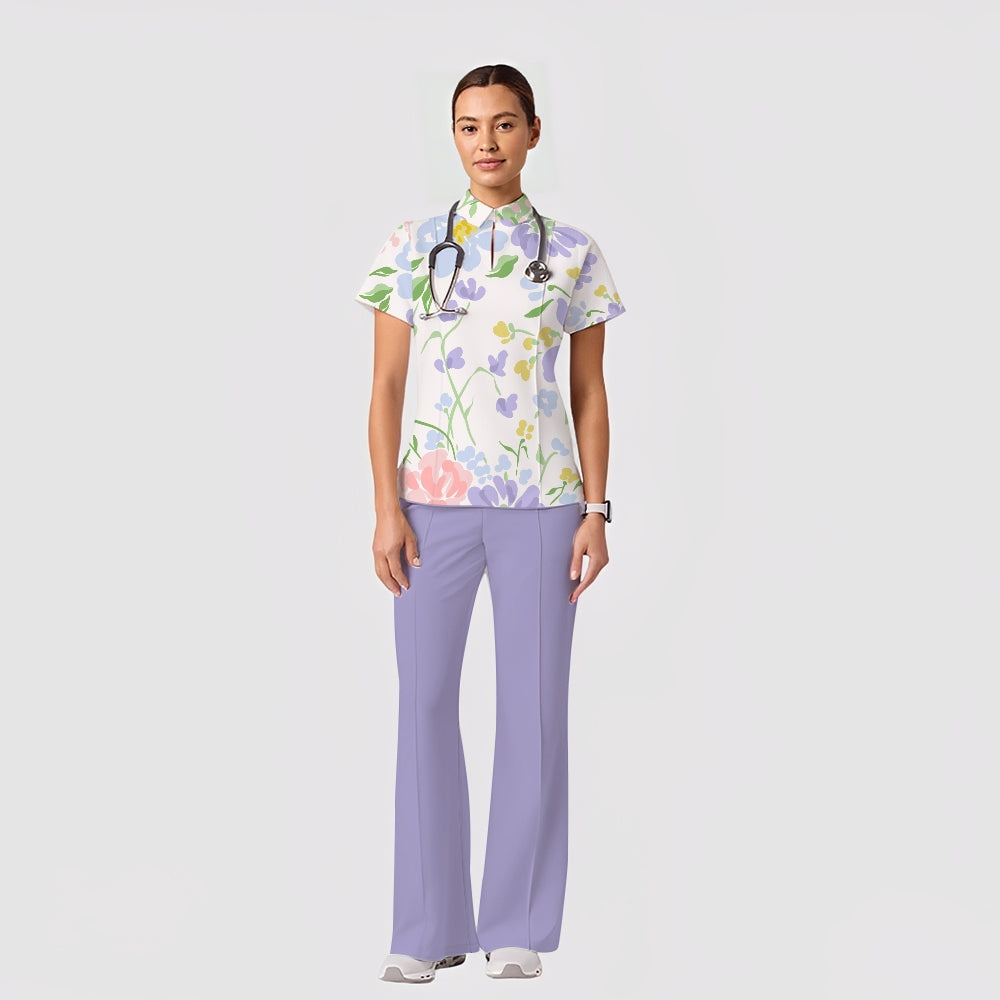 Women's Casual Shirt Collar Flower Printed Scrub Set ST91213