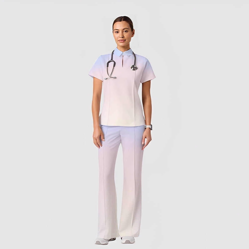 Women's Casual Shirt Collar Gradient Printed Scrub Set ST91214