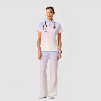 Women's Casual Shirt Collar Gradient Printed Scrub Set ST91214