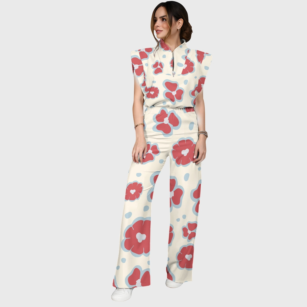 Women's Stand-Up Tie Zipper Floral Printed Scrub Set SF9121