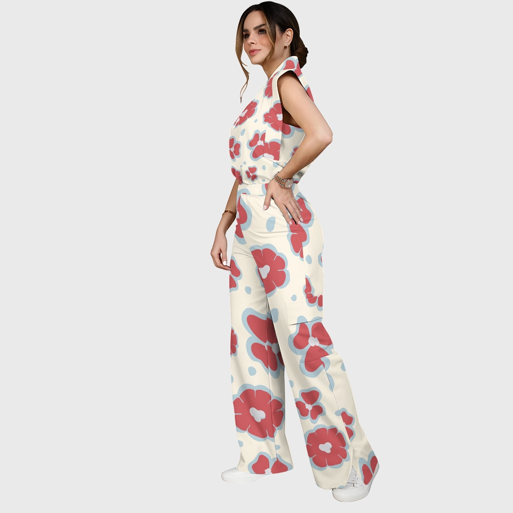 Women's Stand-Up Tie Zipper Floral Printed Scrub Set SF9121