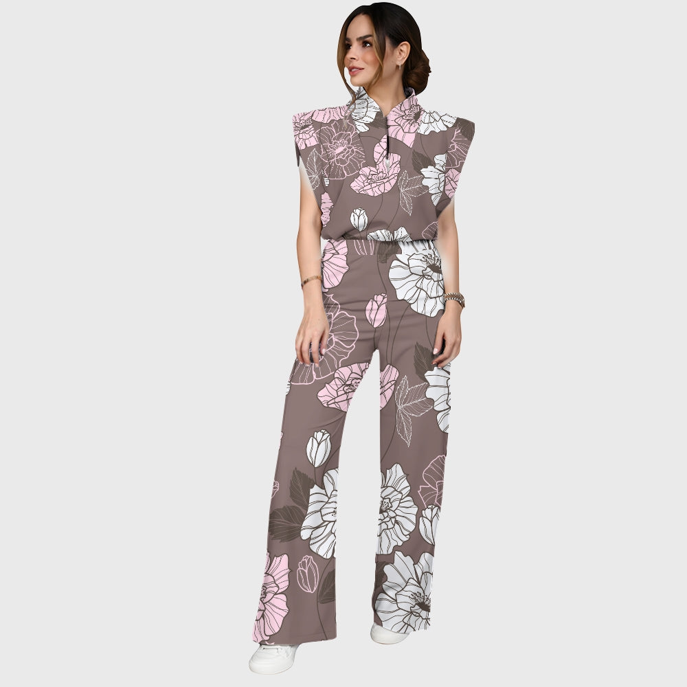 Women's Stand-Up Tie Zipper Floral Printed Scrub Set SF9122