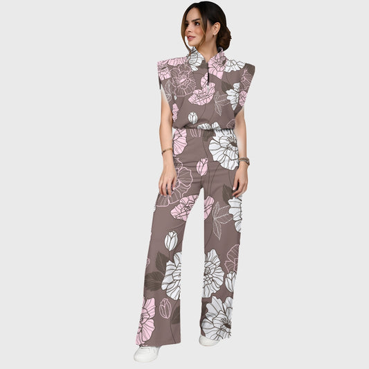 Women's Stand-Up Tie Zipper Floral Printed Scrub Set SF9122