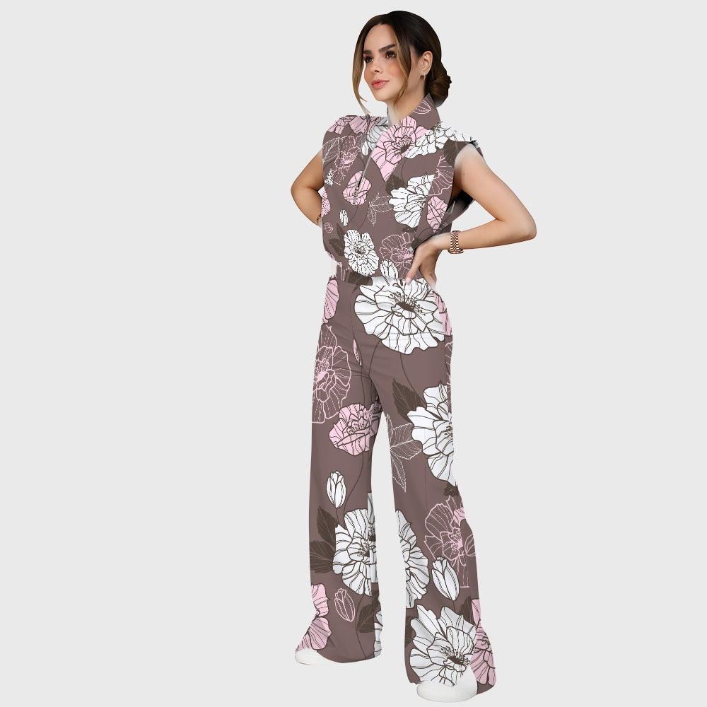 Women's Stand-Up Tie Zipper Floral Printed Scrub Set SF9122