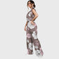 Women's Stand-Up Tie Zipper Floral Printed Scrub Set SF9122