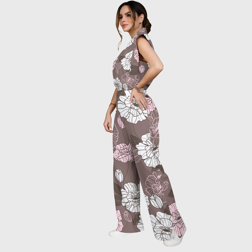 Women's Stand-Up Tie Zipper Floral Printed Scrub Set SF9122