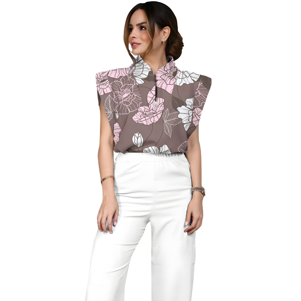 Women's Stand-Up Tie Zipper Floral Printed Scrub Set SF9122