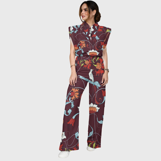 Women's Stand-Up Tie Zipper Floral Printed Scrub Set SF9123