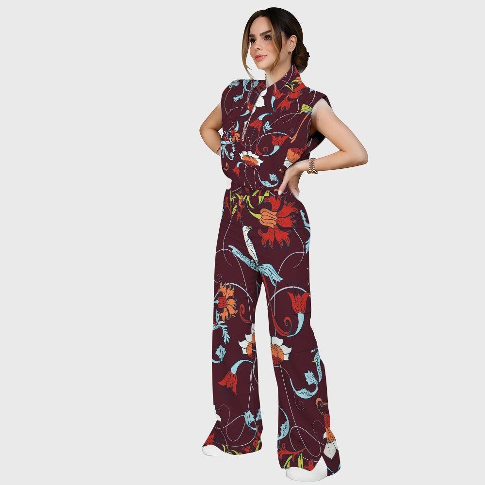 Women's Stand-Up Tie Zipper Floral Printed Scrub Set SF9123