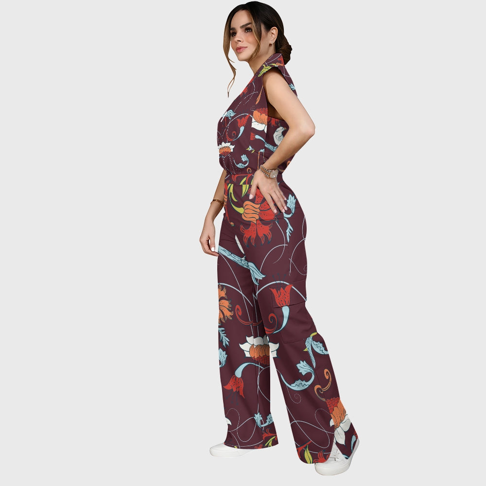 Women's Stand-Up Tie Zipper Floral Printed Scrub Set SF9123
