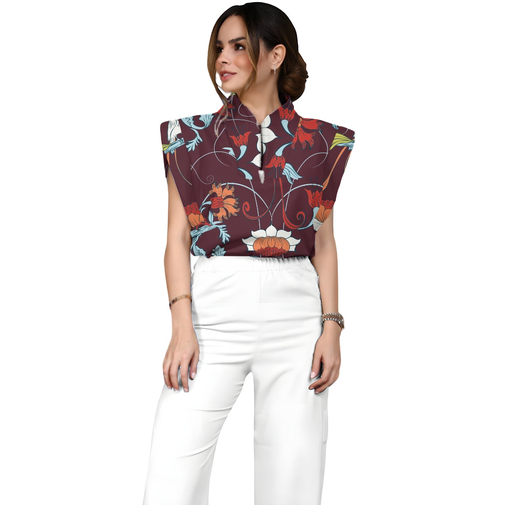 Women's Stand-Up Tie Zipper Floral Printed Scrub Set SF9123