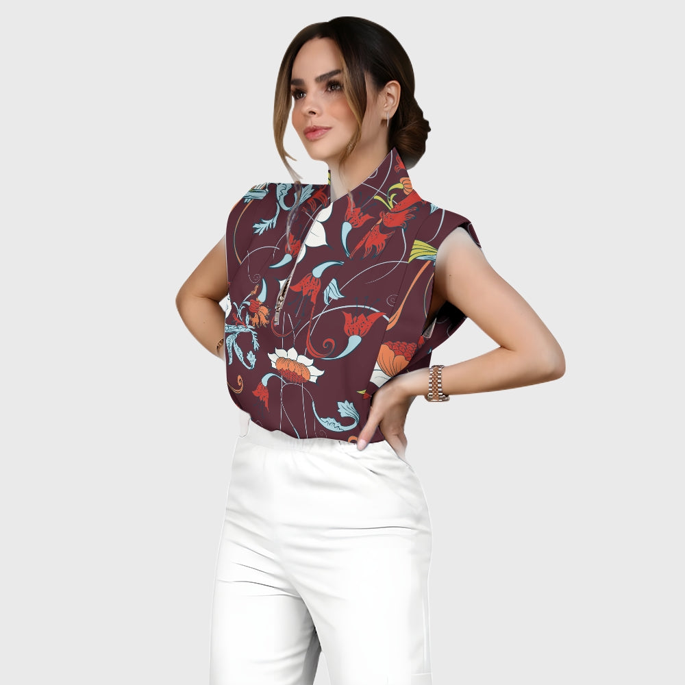 Women's Stand-Up Tie Zipper Floral Printed Scrub Set SF9123