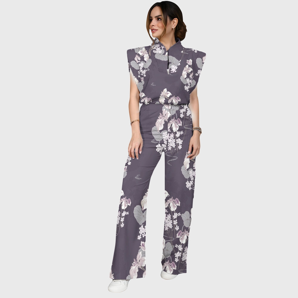 Women's Stand-Up Tie Zipper Floral Printed Scrub Set SF9124