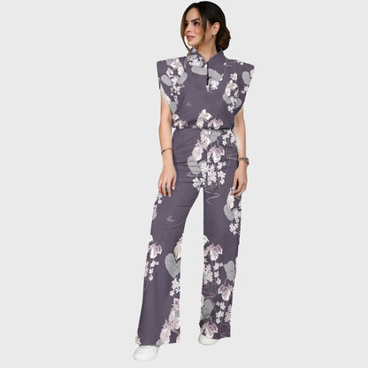 Women's Stand-Up Tie Zipper Floral Printed Scrub Set SF9124