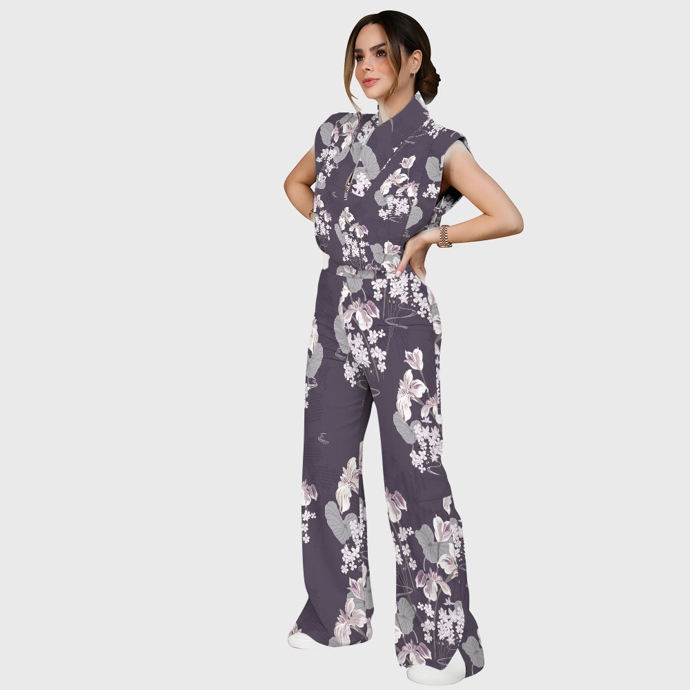 Women's Stand-Up Tie Zipper Floral Printed Scrub Set SF9124