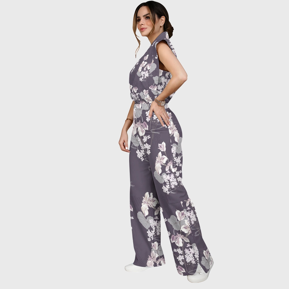 Women's Stand-Up Tie Zipper Floral Printed Scrub Set SF9124