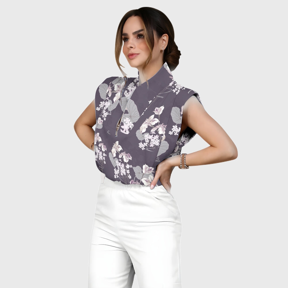 Women's Stand-Up Tie Zipper Floral Printed Scrub Set SF9124