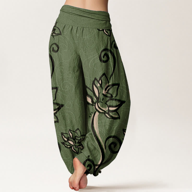 Pure Cotton Casual Lotus Auspicious Clouds Design Women's Elastic Waist Harem Pants