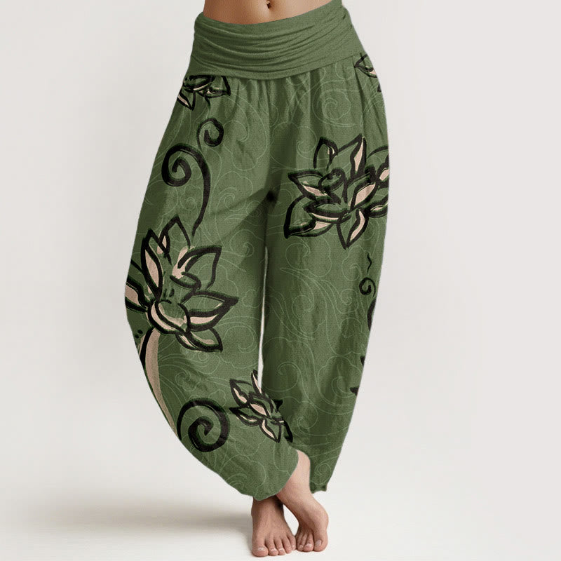 Pure Cotton Casual Lotus Auspicious Clouds Design Women's Elastic Waist Harem Pants