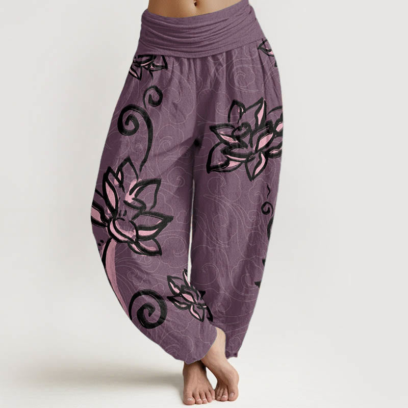 Pure Cotton Casual Lotus Auspicious Clouds Design Women's Elastic Waist Harem Pants