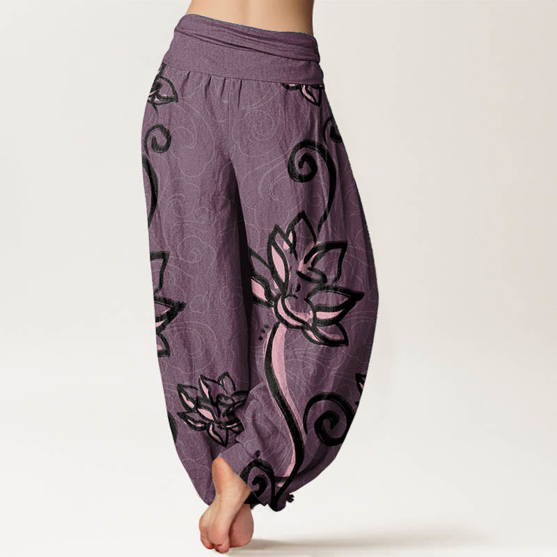 Pure Cotton Casual Lotus Auspicious Clouds Design Women's Elastic Waist Harem Pants