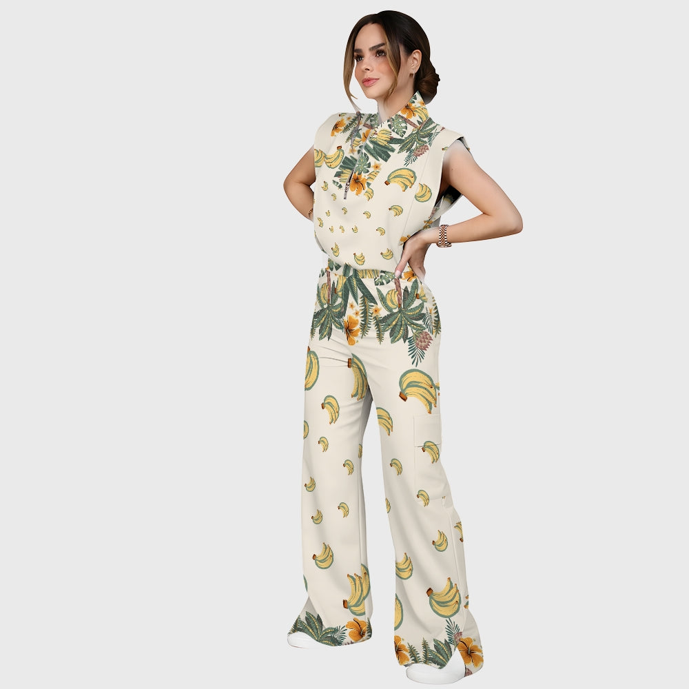Women's Stand-Up Tie Zipper Floral Printed Scrub Set SF9125