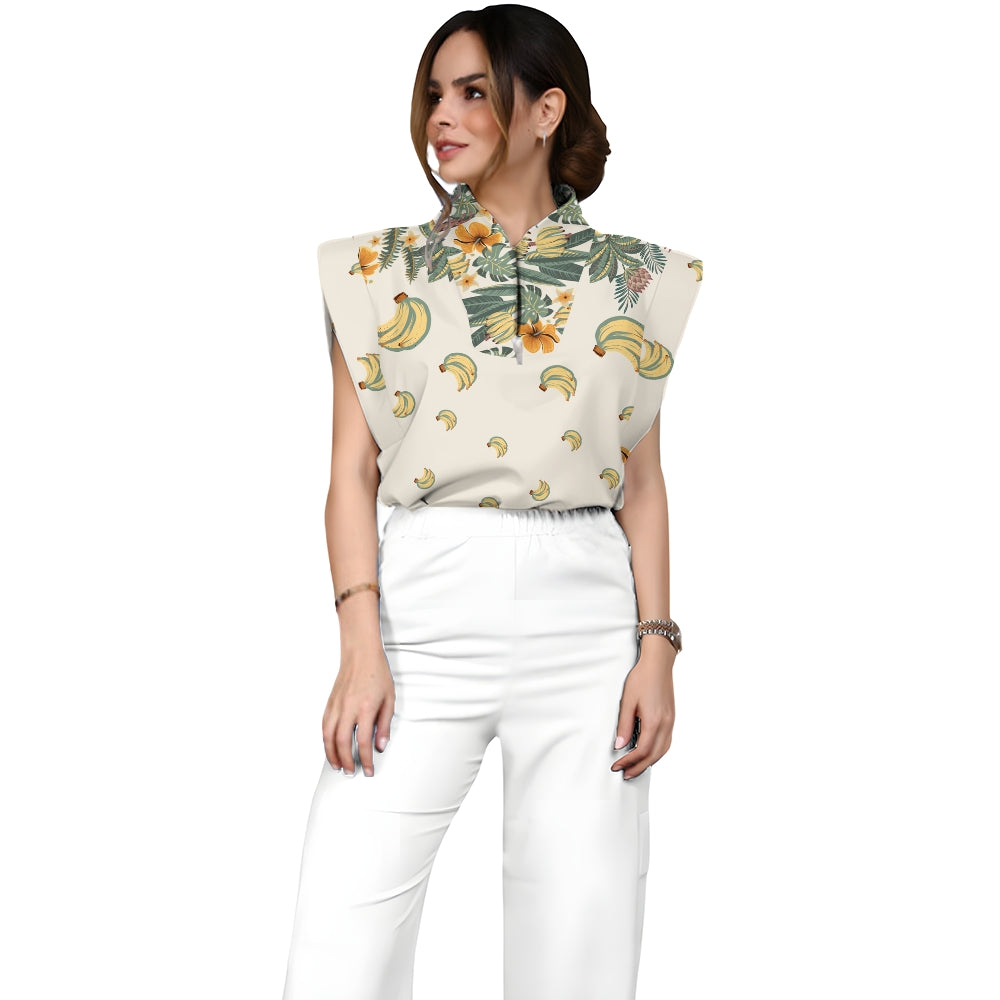 Women's Stand-Up Tie Zipper Floral Printed Scrub Set SF9125