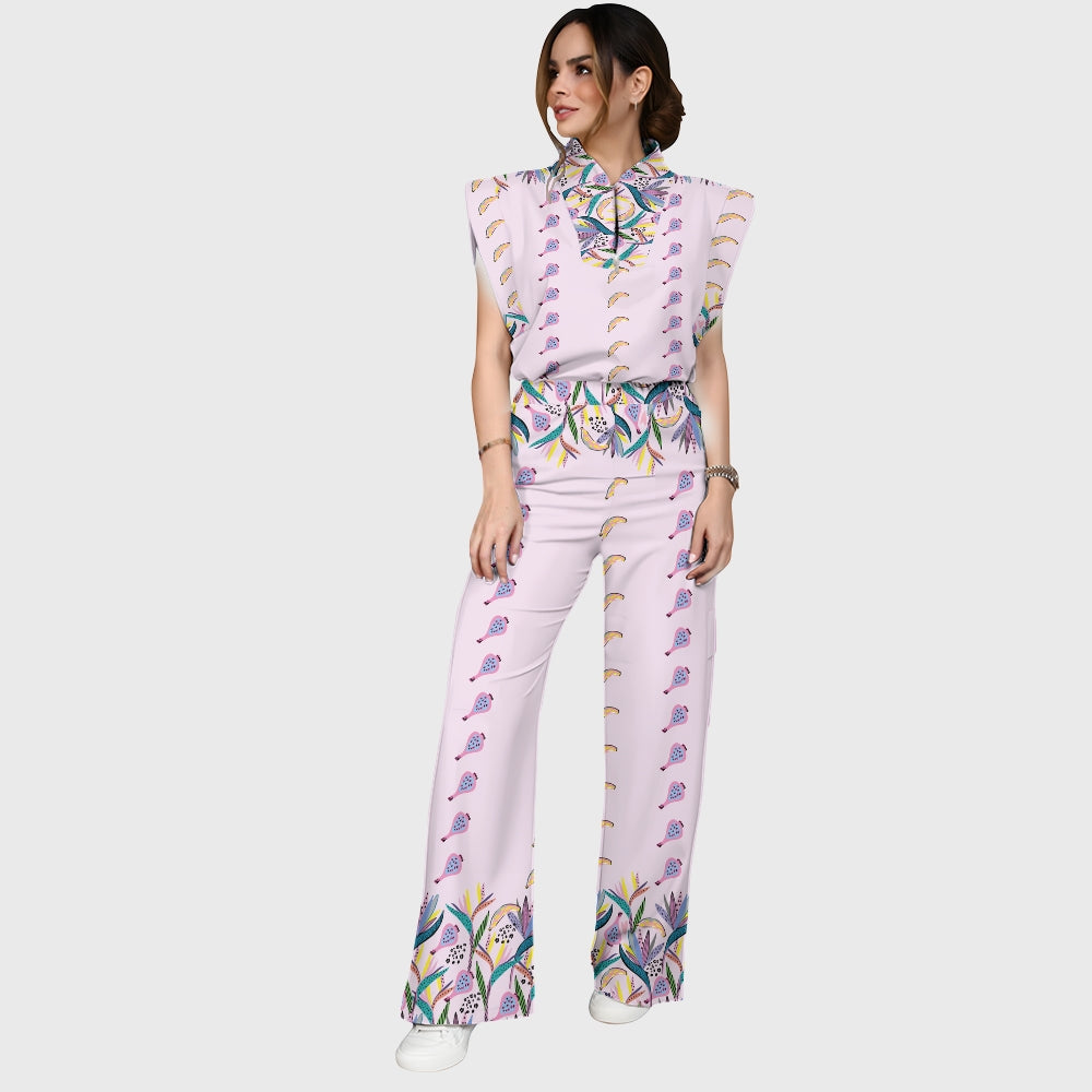 Women's Stand-Up Tie Zipper Floral Printed Scrub Set SF9126