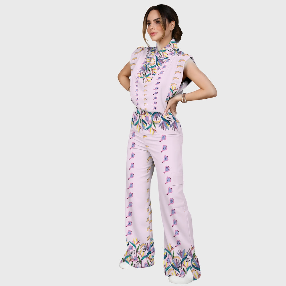 Women's Stand-Up Tie Zipper Floral Printed Scrub Set SF9126