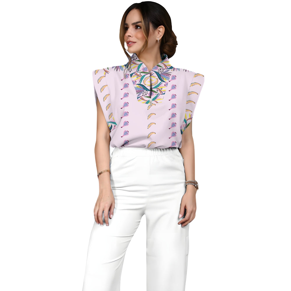 Women's Stand-Up Tie Zipper Floral Printed Scrub Set SF9126