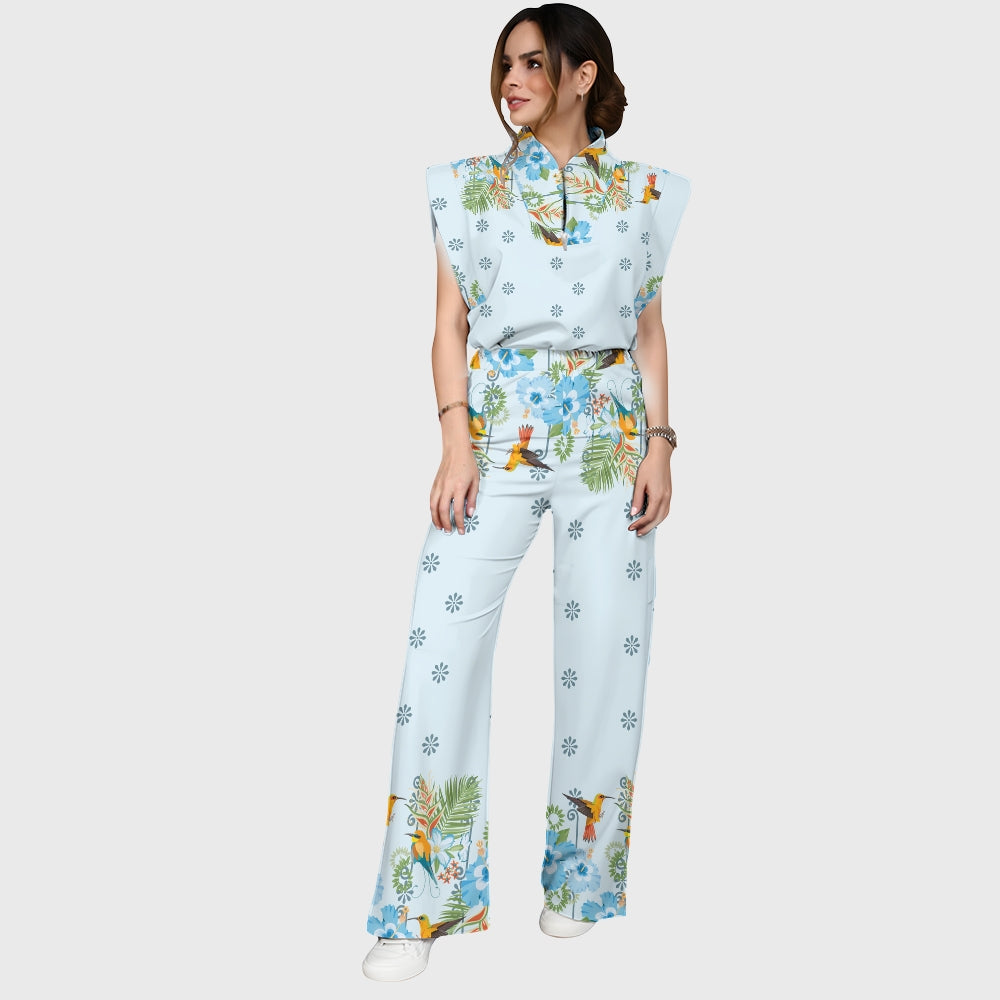 Women's Stand-Up Tie Zipper Floral Printed Scrub Set SF9127