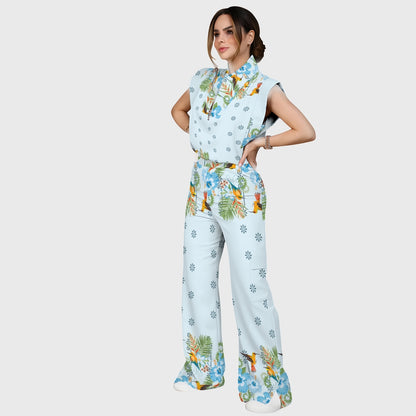 Women's Stand-Up Tie Zipper Floral Printed Scrub Set SF9127