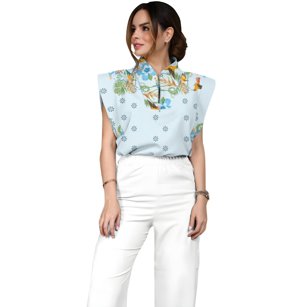 Women's Stand-Up Tie Zipper Floral Printed Scrub Set SF9127
