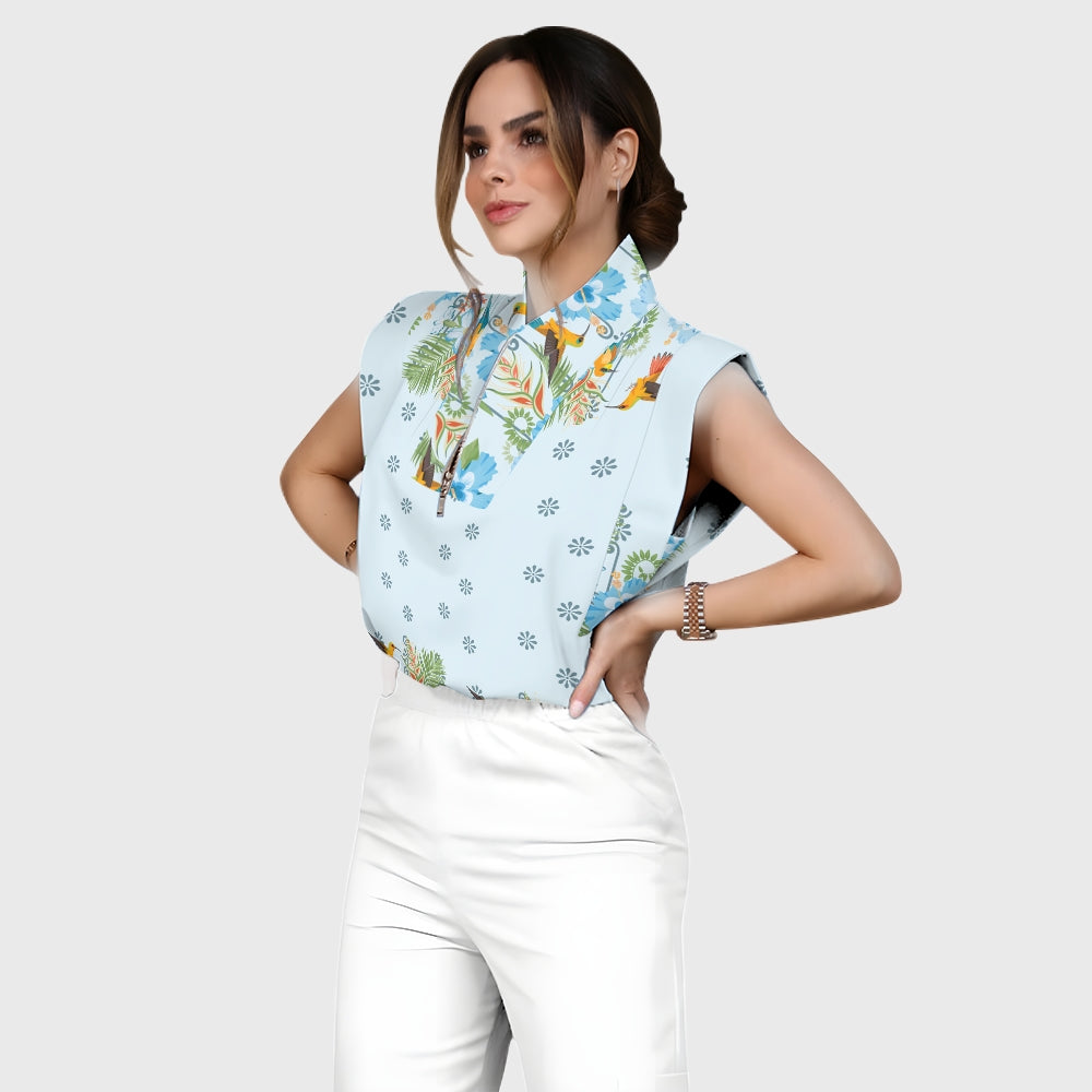 Women's Stand-Up Tie Zipper Floral Printed Scrub Set SF9127